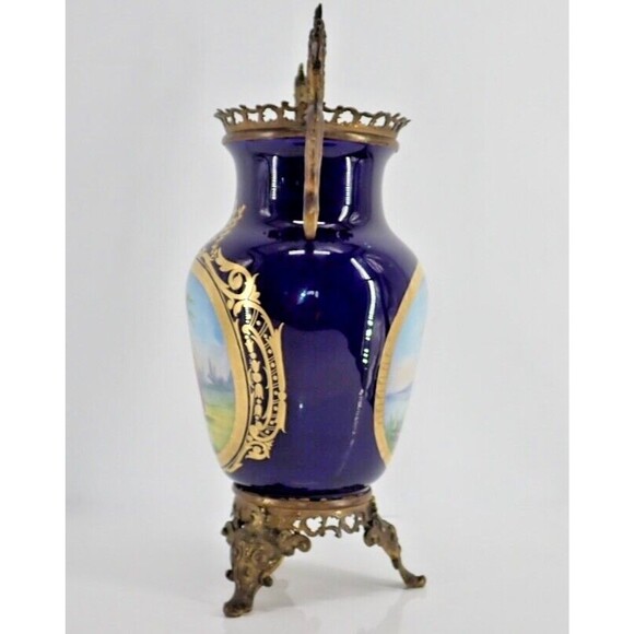 French Sevres Signed Porcelain Cobalt Blue Gilded Vase Bronze Dragon Handles 19C - Picture 6 of 11